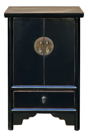 Oriental Distressed Black Medallion Hardware End Table Nightstand