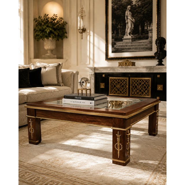 Magnificent Neoclassical Coffee Table by Mastercraft, showcasing breathtaking brass embellishments and intricate appliqué...