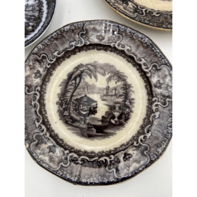English Antique P. W. & Co. Black Mulberry Ware Plates, “Washington’s Vase” - Set of 8 For Sale - Image 3 of 13