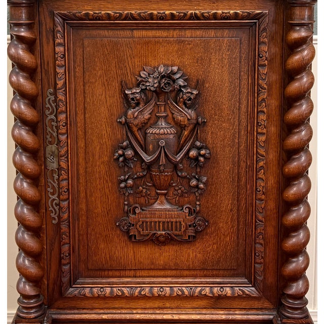 Antique French Renaissance Revival Oak Cabinet Barley Twist Carved Drawers 19thC For Sale - Image 12 of 17
