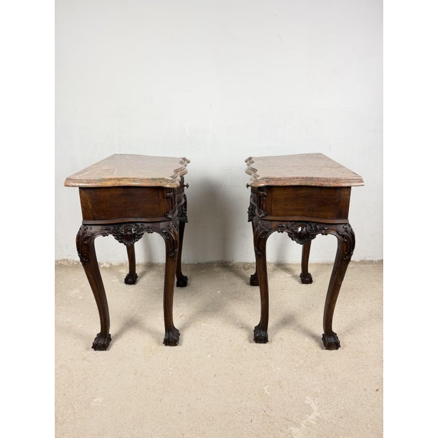 French Louis XV Style Nightstands with Marble Tops, 1940s, Set of 2 For Sale - Image 14 of 16