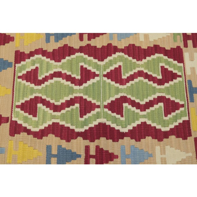 Textile 1970s Turkish Vintage Rams Horn Design Ikat Beige Hand Knotted Kilim Rug For Sale - Image 7 of 12