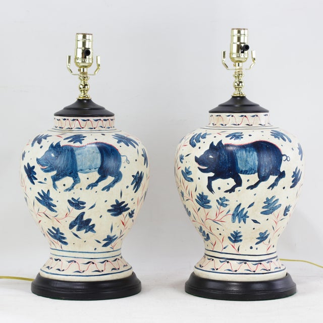 Pair of Vintage Brunschwig & Fils Cadiz Table Lamps - Blue and Cream Ceramic With Boar and Deer Motif For Sale - Image 17 of 17