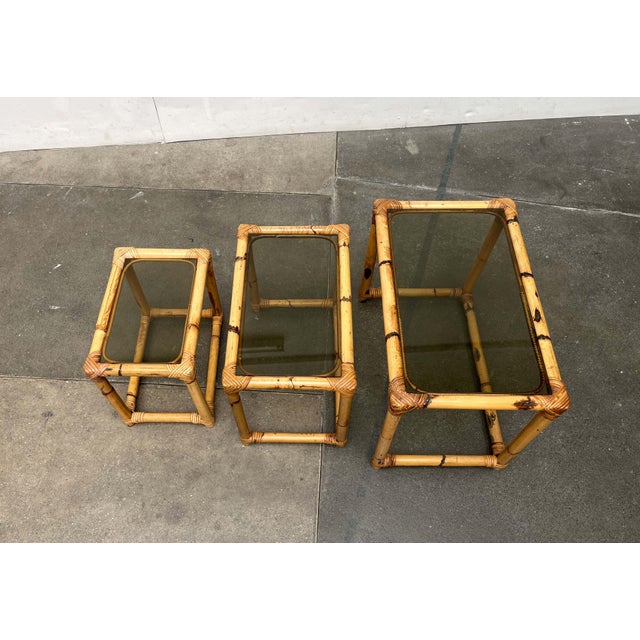 Wood Mid-Century Modern Bamboo and Glass Nesting Tables, 1960s, Set of 3 For Sale - Image 7 of 18