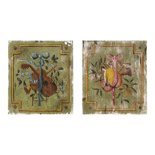 Pair of Large French Louis XVI Style Painted Oil on Wood Trophy Paintings For Sale