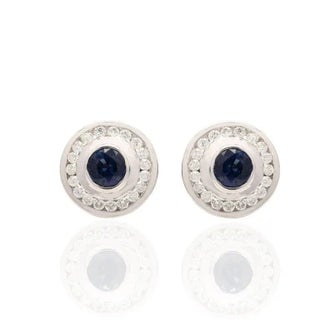 2.3ct Deep Blue Sapphire Diamond Art Deco Round Stud Earrings in 14k Gold- A Pair For Sale