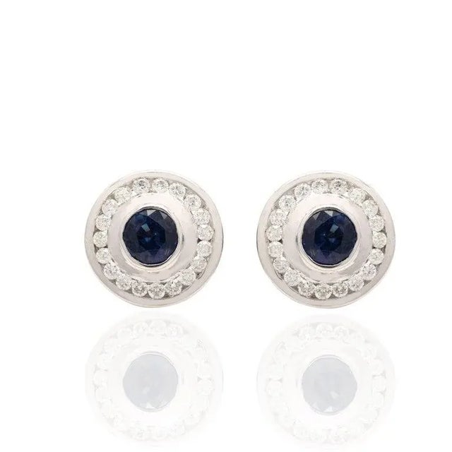 2.3ct Deep Blue Sapphire Diamond Art Deco Round Stud Earrings in 14k Gold- A Pair For Sale
