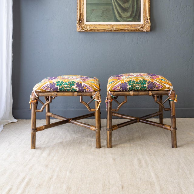 Pair of McGuire Style Chinoiserie Bamboo Stools or Ottomans With Tufted Cushions. For Sale - Image 10 of 18