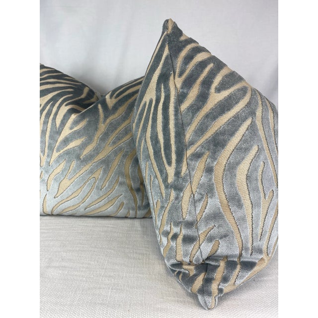 Transitional Zebra Cut Velvet in Silver/Blue 22" Pillows-A Pair For Sale - Image 3 of 3