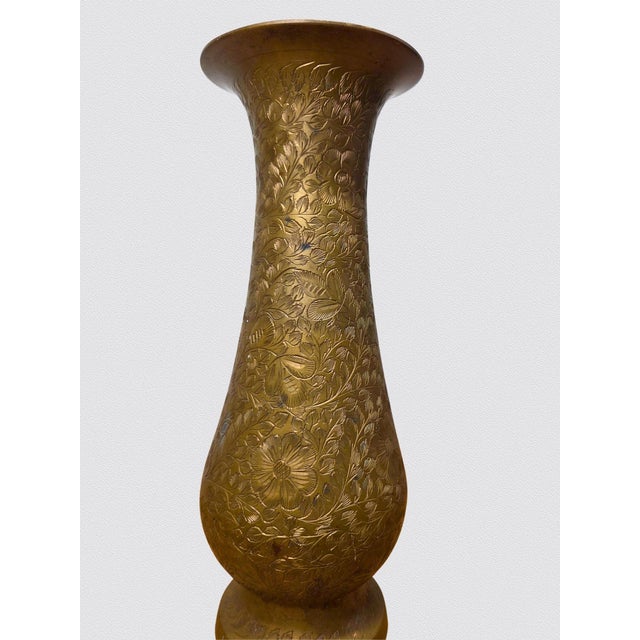 Vintage Anglo Indian Etched Brass Vase 10" Floral Engraved Baluster For Sale In Phoenix - Image 6 of 14