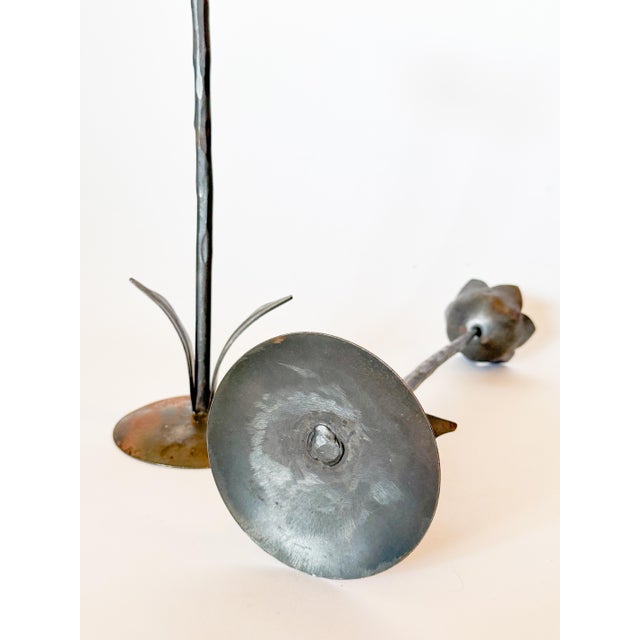Late 20th Century Vintage Rustic Iron Tulip Candlestick Holders- Set of 2 For Sale - Image 5 of 11