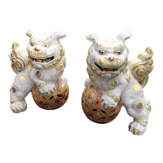 Vintage Japanese Satsuma Ornate White & Gold Porcelain Foo Dogs - a Pair For Sale