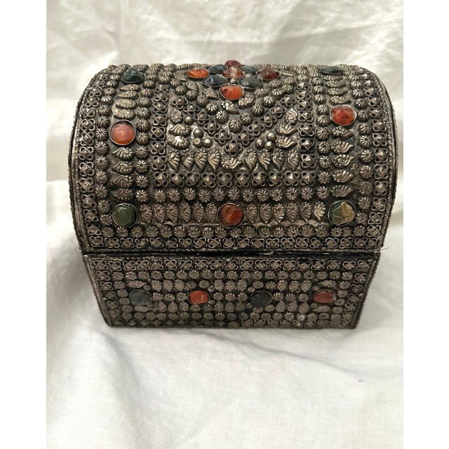 Moroccan Vintage Moroccan Semi-Presious Gemstone & Silver Inlaid Jewelry/Trinket Box For Sale - Image 3 of 9