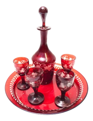 Mid-Century Etched Grape Vine Hand Blown Glass Decanter Serving Set - 6 Pieces