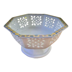 Japanese Kutani Reticulated Octagonal Pedastal Bowl With Gilt Geometric Detail