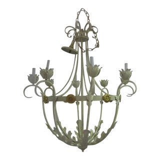 1950s White Bird Cage Shaped 8 Light Chandelier With Brass Accents For Sale