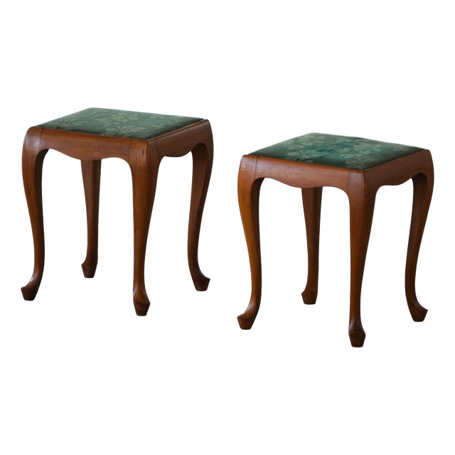 Mid-Century Rococo Style Wooden Stools with Cabriole Legs, Denmark, 1940s, Set of 2 For Sale