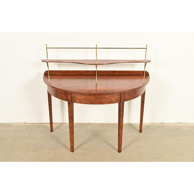 A gorgeous Federal or Hepplewhite style demilune console, entry table, or buffet server with raised gallery shelf By Baker...