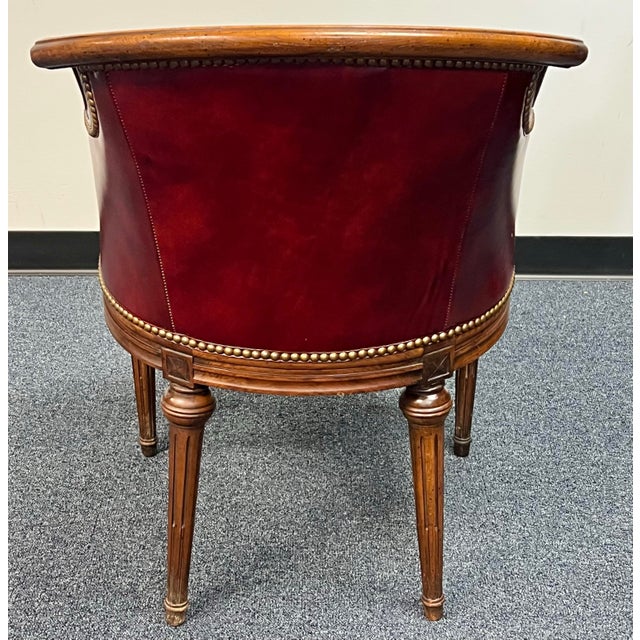 Burgundy Louis XVI Style Leather Barrel Back Library Chair For Sale - Image 8 of 12
