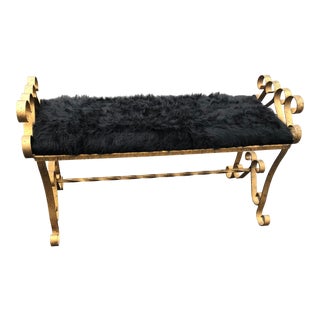 Hollywood Regency Gold Metal Black Paint Splatter Bench With Faux Fur Seat For Sale