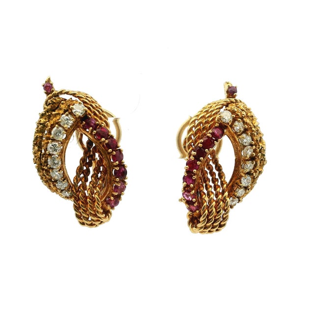 Metal Vintage Cherny Diamond and Ruby 18k Gold Sculptural Earrings, A Pair For Sale - Image 7 of 14