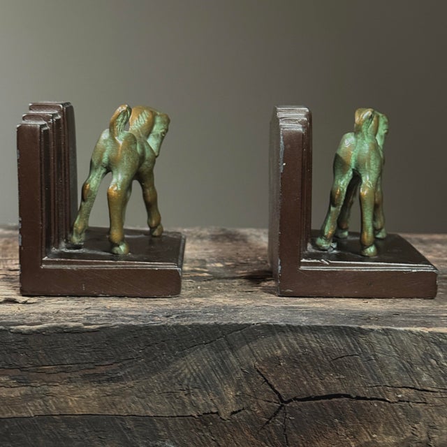 Antique Art Deco Metal Horse Bookends. Verdigris metal horse bookends. In fair condition with wear consistent with age....