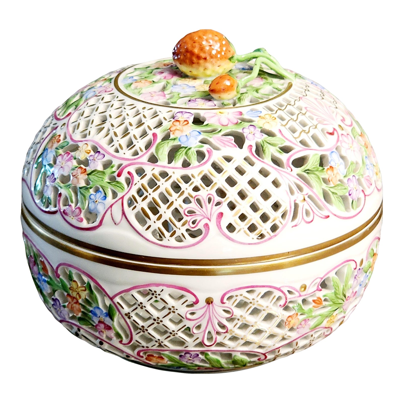 HEREND HUNGARY ハンドペイント小皿　箱付き 1990s Herend Hungary Large Round Ball Box and Lid Hand Painted