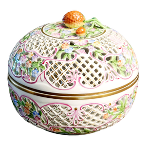 1990s Herend Hungary Large Round Ball Box and Lid Hand Painted Reticulated Porcelain Bonbonniere Giftware