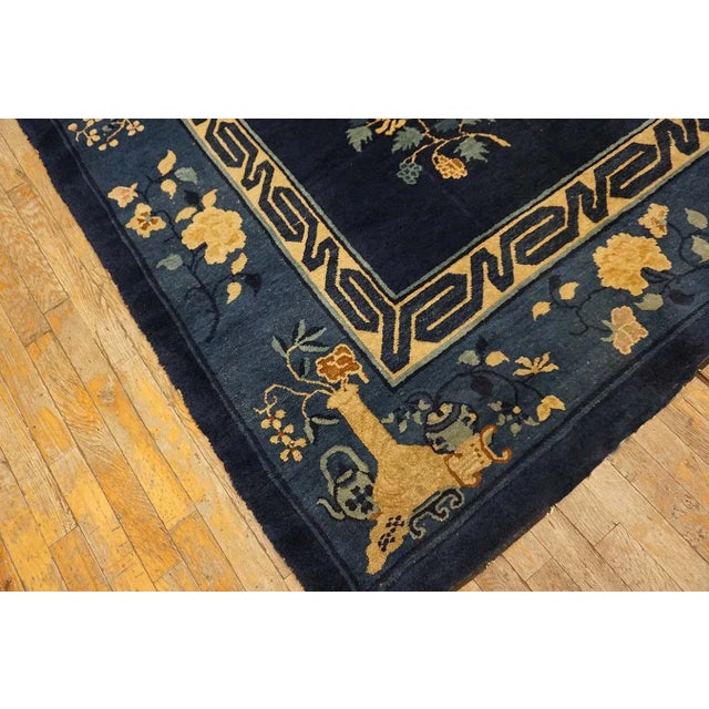 1920s Blue Navy Vase Floral Antique Chinese Peking Carpet 9'3" X 11'9" Knotted Wool Rug For Sale - Image 14 of 15