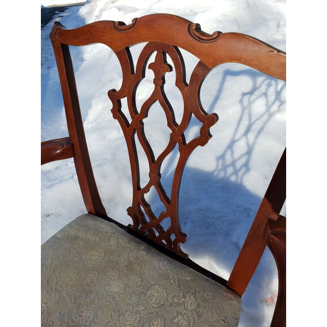 1920s 1920s Chippendale Style Dining Room Arm Chair Ivory Brocade Seat Ball & Claw For Sale - Image 5 of 11