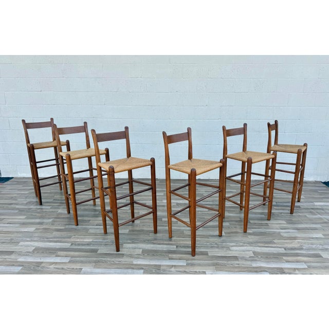 1970s Set of 6 Danish Modern Style Solid Wood Bar Stools With Woven Rush Seats For Sale - Image 4 of 12