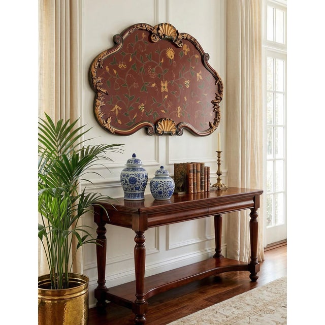 Striking large vintage decorative wall panel featuring a richly colored hand-painted floral vine motif framed by an ornate...