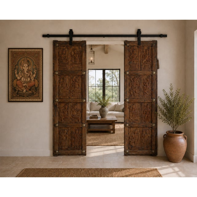 Antique Indian Carved Teakwood and Brass "Folk Art" Door, c. 1880, the 4 panels on each door (it opens in the middle)with...