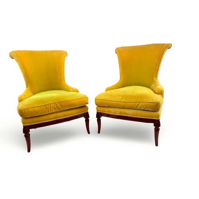 1930s French Art Deco Curved Back Yellow Velvet Armchairs - France. Circa 1930 For Sale - Image 5 of 6
