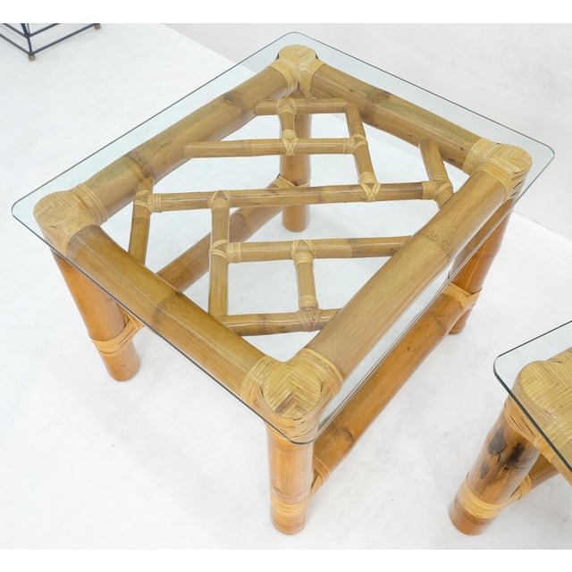 Pair Thick Bamboo Glass Top Rectangle Glass Top End Side Lamp Tables MINT For Sale - Image 10 of 18