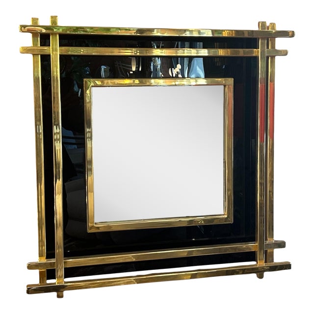 Italian Mid-Century Wall Mirror Black & Brass, 1970s For Sale