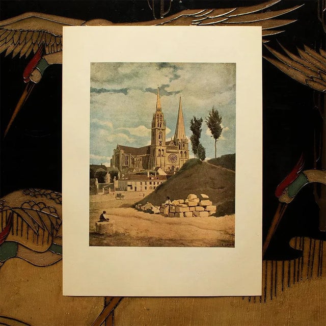 The School of Paris 1940s After J.B.-Camille Corot "The Chartres Cathedral" First Edition Swiss Lithograph For Sale - Image 3 of 9
