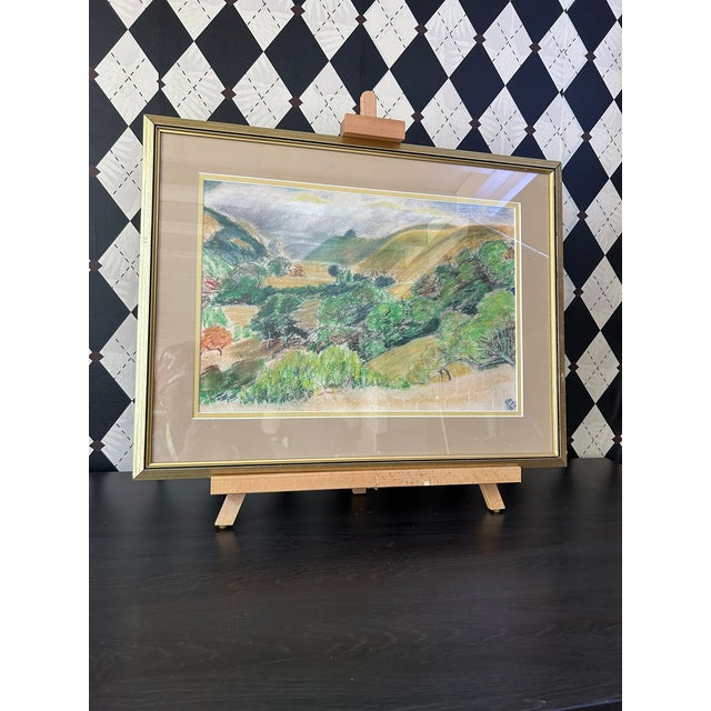 Signed Original Colored Pencil Landscape Drawing – Rolling Green Hills & Valley, Framed, 1980 For Sale - Image 9 of 10