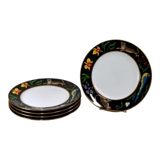 1980s Lynn Chase Designs Jaguar Jungle 8.25 Salad Dessert Plate 24k Rim - Set of 5 For Sale