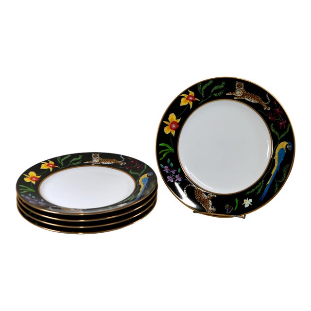 1980s Lynn Chase Designs Jaguar Jungle 8.25 Salad Dessert Plate 24k Rim - Set of 5 For Sale