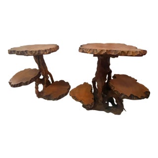 Solid Carved Wood Tiered Tables - a Pair For Sale