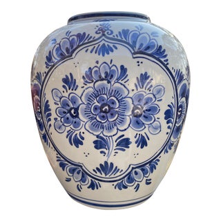 Vintage 1960s Large Delft Holland Polychrome Hand Painted Blue and White Floral Vase Signed For Sale