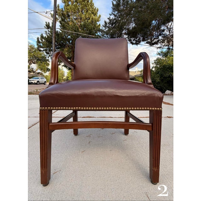 Brown Set of 4 Vintage 1990s Gunlocke Georgian Style Brown Vinyl Armchairs For Sale - Image 8 of 18