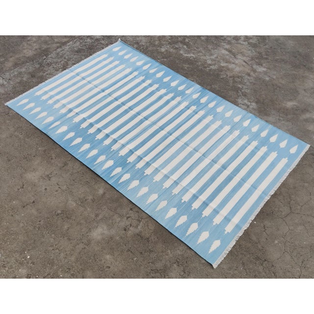 Mid-Century Modern Handmade Cotton Natural Vegetable Dyed Reversible Blue and White Striped Rug - 9'x12' For Sale - Image 3 of 11