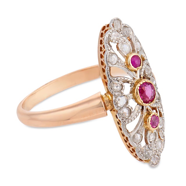 1910s French Belle Époque Ruby Diamond 18k Rose Gold Navette Ring, Size 7.25 For Sale - Image 4 of 7