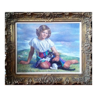 Mid 20th Century Sandor C. Klein American Figurative Oil Painting of Girl With Cat For Sale