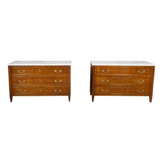 Pair of French 19th Century Three-Drawer Walnut Commodes with White Marble Tops For Sale