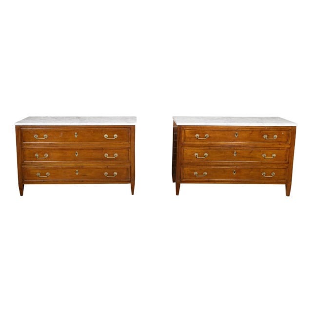 Pair of French 19th Century Three-Drawer Walnut Commodes with White Marble Tops For Sale