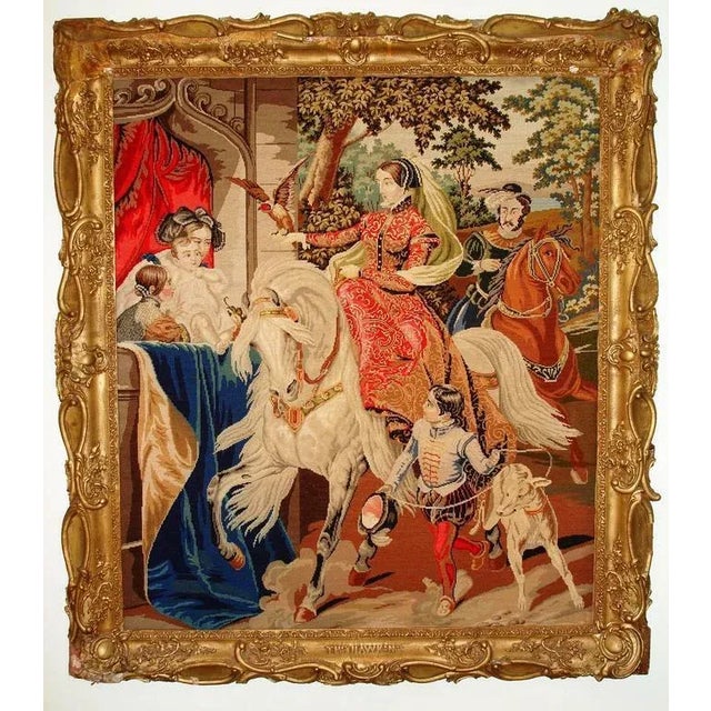 Wood 19th C. Royal Needlepoint Tapestry of 16th Century Royal Processional Hawking Scene-Gorgeous Masterp For Sale - Image 7 of 7