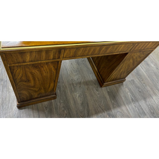 Vintage Drexel Et Cetera Campaign Style Burl Wood Tooled Leather Executive Desk For Sale - Image 13 of 13